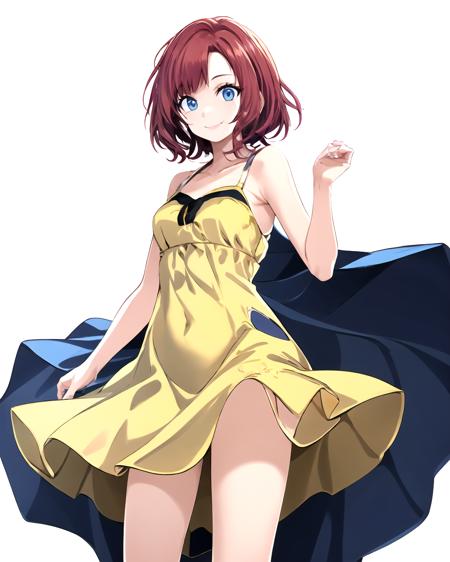 Short hair,  red hair,  blue eyes,  yellow sundress,  smile,  (white background:1.3),  cowboy shot,  solo, <lora:EMS-43671-EMS:0.700000>