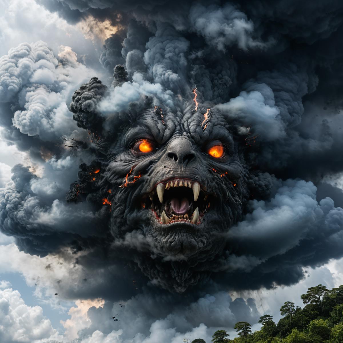 A monster with red eyes and sharp teeth is roaring in the sky, surrounded by a cloudy and stormy atmosphere.