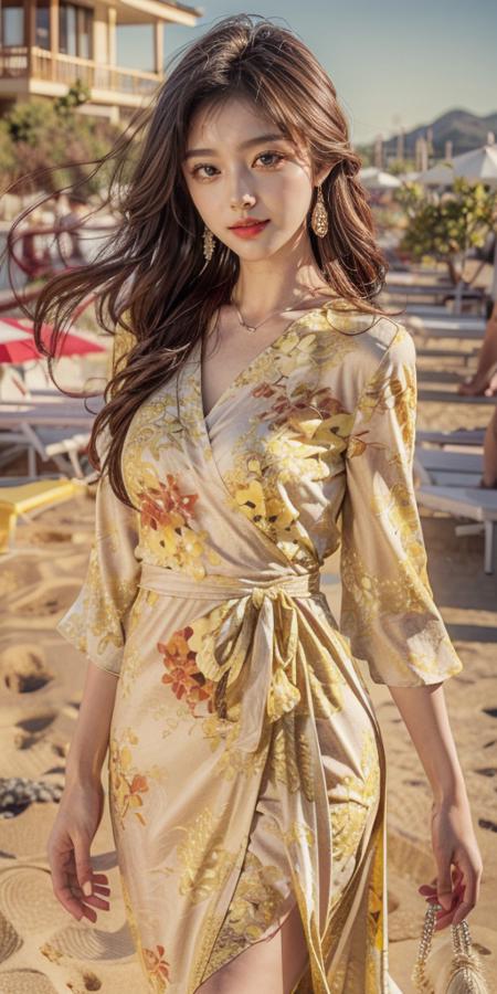 yellow_lure_dress,realistic, photorealistic, masterpiece, extremely detailed, best quality, full body, 1girl, solo, black hair, light smile, looking at viewer, beach, standing , perfect body, medium breast, night, dramatic lighting, <lora:add_detail:1>   <lora:yellowLureDress:0.8>