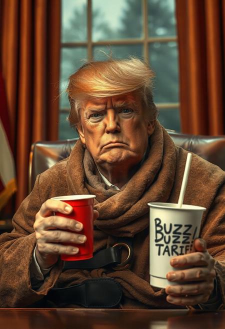 Ultra high quality, very detailed, intricate detail, Donald Trump sitting in the oval office, wearing a beggar outfit, messed up orange hair, squinting, holding a plastic cup that has text "Buzz Tariff!"