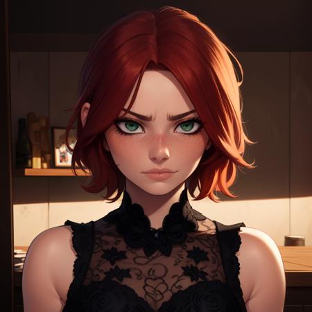 Best_QualityPos, RAW photo, intricate details, best quality, 8k uhd, soft lighting, 1girl, solo, green eyes, red hair, short hair, freckles, sad expressions <lora:Emma_Stone:0.6>