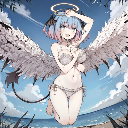 angel angel, an image of an anime girl, with wings and horns, 1girl, halo, tail, wings, solo, smile, outdoors, nature background, barefoot, demon tail, navel, multicolored hair, gradient hair, open mouth, , breasts, looking at viewer