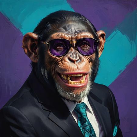 closeup portrait of a chimp wearing black suit, highly detailed, evocative, high contrast, purple and turquoise color blocks as the background, retro style sunglasses, smile face