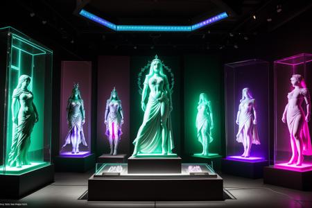 dxhr style <lora:dxhr:1> , cover art, concept art, detailed stone statue of medieval women warrior queens, on podium displays, glass cases, museum statue room exhibit, dark moody lighting,  multicolored LED light strips encircling the statue, light strips glowing on statue, crowded museum