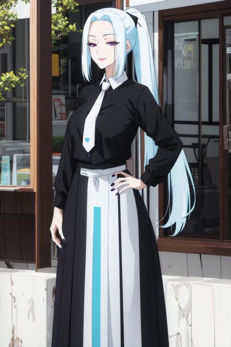 <lora:MeiMei-01:1> meimei, 1girl, solo, long hair, smile, long skirt, shirt, long sleeves, ponytail, white - light blue hair, necktie, nail polish, hand on hip, black shirt, window, lipstick, letterboxed, purple nails, anime coloring, full body, long hair, looking at viewer, age 40, busty, large breasts, milf, black dress, Aesthetic, Trees, paradise