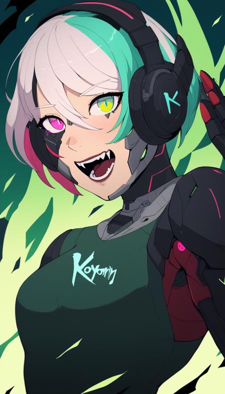 1girl, style:koyorin, colored inner hair, cyborg, fangs, green eyes, headphones, looking at viewer, mechanical arms, multicolored hair, open mouth, pink eyes, short hair, single mechanical arm, solo, two-tone eyes, upper body, <lora:Style - Koyorin - v1 - Bionagato:1>