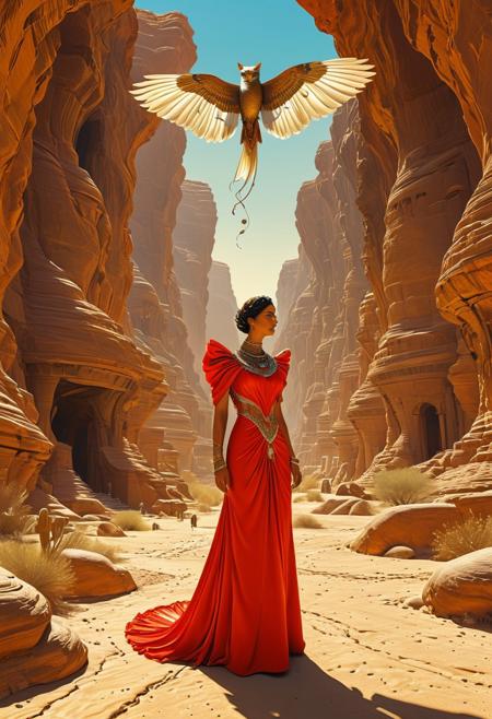 The bride's wedding attire was breathtaking. She donned a lovely scarlet dress for the gathering, which was inspired by the artistic style of Norman Rockwell, a hovering mechanical orb above a rosy desert landscape, 1970's science fiction themes, Moebius' illustrations, futuristic design elements, digital artwork, 3D rendering techniques, a hyperrealistic representation of a winged feline mummy, splash art, conceptual illustrations, a mid-shot perspective, intricate detailing, a rich color palette, and a dramatic effect, all while capturing her features from a 2/3 face angle under soft side lighting against a vibrant backdrop.