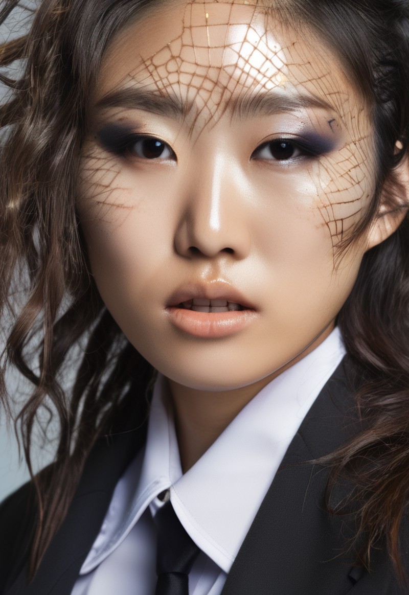 closeup portrait photo of a 20yo messy haired young asian woman (wears an office suite). (artistic makeup with filigree li...