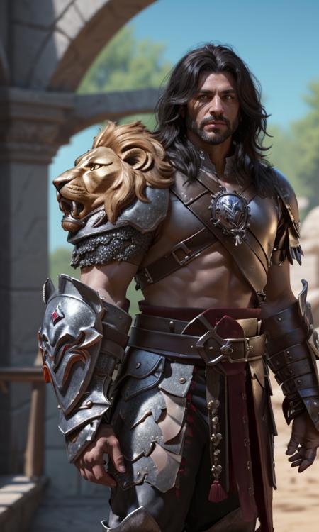 epicpauldrons2024, human, best quality, masterpiece, raw photo, depth of field, looking at viewer, magical, fantasy, 5 fingers, depth of field, large gauntlets, magical armor, full body, black hair, 1man, barbarian, asymmetrical armor, lion pauldron