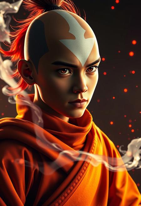 avatar aang, the last airbender, in the style of furaffinity, orange robes, red, #vfxfriday, massurrealism, explosive pigmentation, spiritualcore, cinematic lighting --ar 71:128 --stylize 750 --niji 6