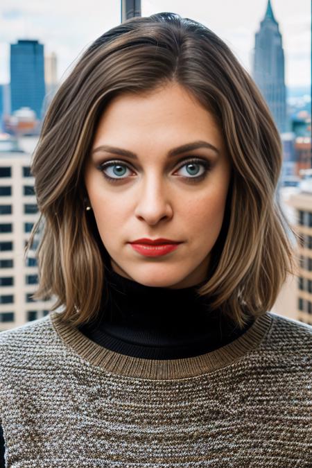 a professional photograph of beautiful (RB100m:1.1) woman,as a CEO,wearing a (tan sweater:1.1)and(brown slacks:1.2),standing in a (conference room:1.2),presenting (marketing briefing:1.3),(large windows with cityscape in background:1.3),table surround with management directors,long hair,jewelry,lipstick,makeup and eyeshadow,magazine photoshoot,sharp focus,detailed eyes,(highly detailed),(HDR),(8k wallpaper),colorful,vivid color,intricately detailed,high contrast,highres,absurdres,hyper realistic,8K UHD DSLR,Fujifilm XT3,taken with (Canon EOS 1Ds camera),extremely intricate,dramatic,(looking at viewer),4k textures,elegant,hyperdetailed,PA7_Portrait-MS,<lora:RB100m_05B-000004:0.9>,