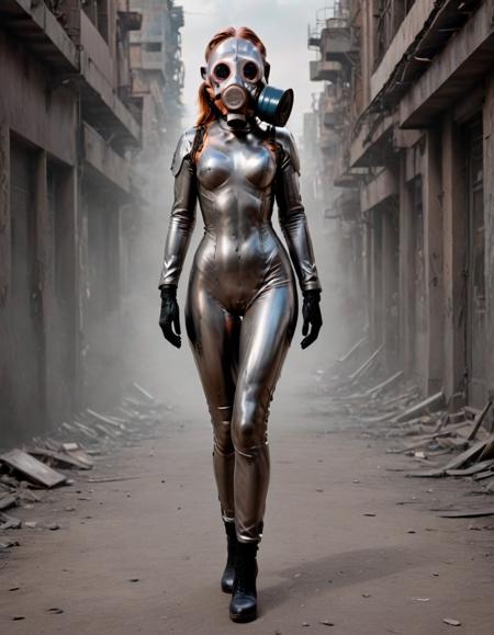 1girl, full body, gas mask pmg, black lenses gas mask, metallic gas mask filter, biomechanical design, dystopian city skyline, transparent lenses, metallic textures, futuristic art perfect proportions, <lora:Gas_mask_PMG_Nerekhta_SDXL:1>