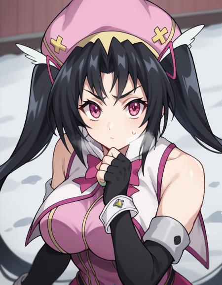 serafall leviathan, long hair, black hair, twintails, pink eyes, large breasts gloves, hat, bare shoulders, elbow gloves, fingerless gloves, cosplay, magical girl,