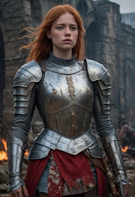 High resolution ultra-realistic of Beautiful Warrior Sadie Sink as Joan of Arc, 8k, capturing the intensity of the moment, cinematic lighting, standing on a bloody and stormy battlefield in bloody battle, wavy red hair, realistic dirty pale face, realistic blue eyes,  beautiful hourglass figure, burning in a medieval Town, intricately designed iron and silver armor, red mini skirt, Dark Ages Aesthetic, perfect athletic figure, beautiful Warrior Joan of Arc, fire, ultra realistic, cinematic style, vigorous and seductive, athletic figure, dark fantasy, dramatic lighting, wet and sweaty skin, dirty skin, athletic figure, dark fantasy, dramatic lighting, Greg Rutkowski style,, Warrior Joan of Arc on in iron armor, hyper-detailed, hyper-realistic, bright colours, Attractive 21 old years girl, Attractive, beautiful firm Breasts, sharp focus, digital painting, Photograph Taken on Nikon D750, Alphonse Mucha, 8K, athletic figure, Hyperdetailed, hyperrealism, Attractive, Attractive bust girl, asymmetric balance