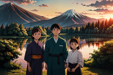 group shot, father, daughter, detailed background, best quality, absurdres, outside, cel shading, film grain,
looking at viewer, smirking, young girl, man, brown eyes,
traditional japanese house, bamboo, feudal japan, sunset, orange sky, clouds, trees, weeds, dried bamboo, mount fuji, lake,
 <lora:studioGhibliStyle_offset:0.75>