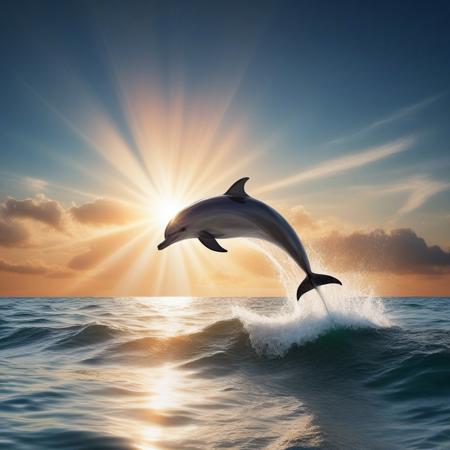 Dolphin jumping over sea water, sun halo background, very realistic photography