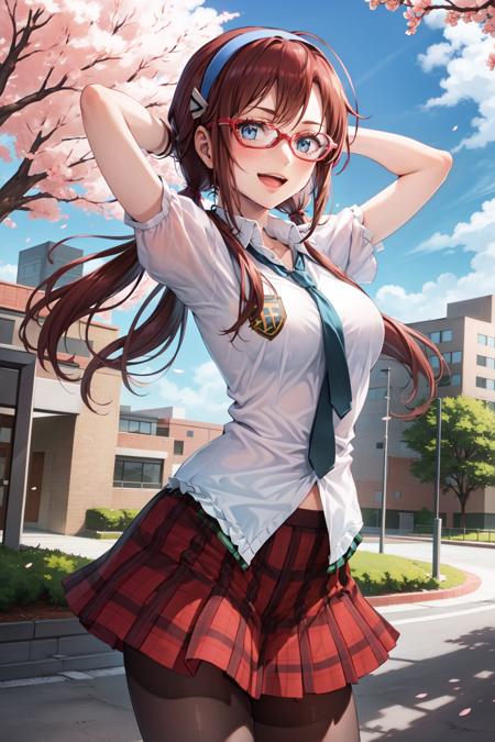 MikinamiPlug, 1girl, solo, long hair, brown hair, hairband, glasses, twintails, blue eyes, smile, medium breasts, red-framed eyewear, skirt, school uniform, necktie, plaid, plaid skirt, looking at viewer, open mouth, arms behind head, arms up, cowboy shot, pantyhose, thighhighs, zettai ryouiki, outdoors, day, clouds, cherry blossom trees, school, campus, buildings, frills
 <lora:MikinamiPlug:0.8>