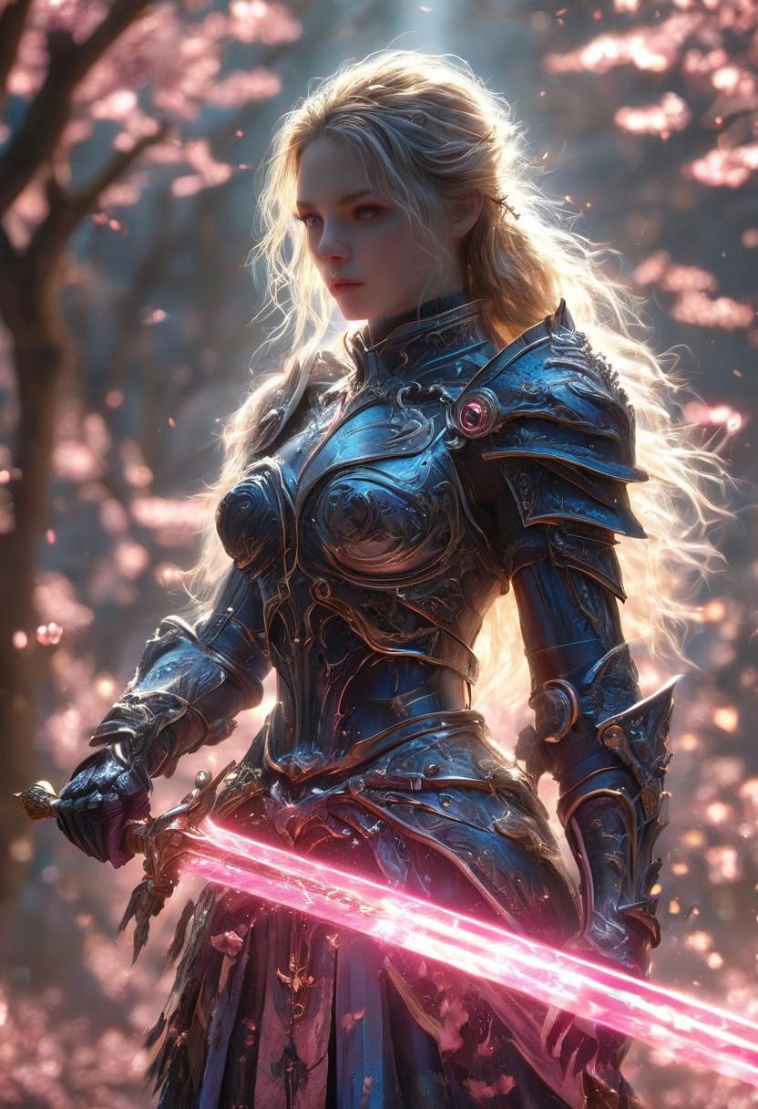 amazing quality, masterpiece, best quality, hyper detailed, ultra detailed, UHD, perfect anatomy, blurry background, dark skin, outdoor,( cherry blossoms:0.6), fog, studio lighting, bright foreground, face to viewer, background light,
(Blue hybrid white) armor, female, pink eyes, holding, sword with ral-elctryzt, ponytail, glowing, shine, dazzling, (on side:1.2), dark blond hair, highlights,
<lora:FantasyKnightsHKStyle:0.85>, HKStyle,
<lora:add-detail-xl:0.75>,
<lora:EnvyBetterHiresFixXL01:0.75>,
<lora:extremely_detailed:1.5>, extremely detailed,
<lora:ral-elctryzt-sdxl:0.8>,