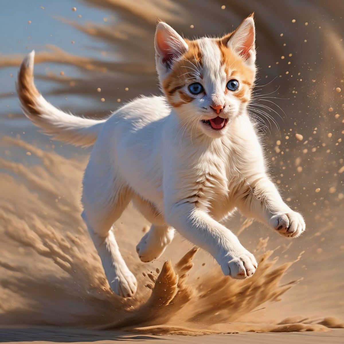 Adorable Kitten Playing in the Sand with Blue Eyes