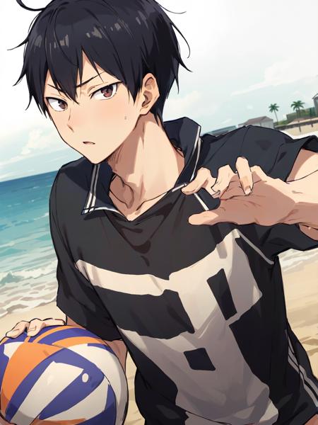 <lora:TobioKageyama:0.6>,high res, Tobio Kageyama ,haikyuu!!, black hair, solo, 1boy, male, outside, detailed eyes, close up, beach volleyball, full face