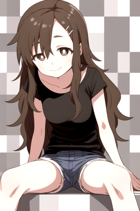 masterpiece, best quality, 1girl, solo, brown hair, brown eyes, bright pupils, long hair, hairclip, smile, checkered background, black shirt, shorts, jeans, short sleeves, spread legs,