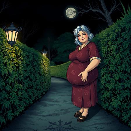 chubby mature woman eerie hedge maze by night  dirt path agoura shibari art style of Ozuma Kaname