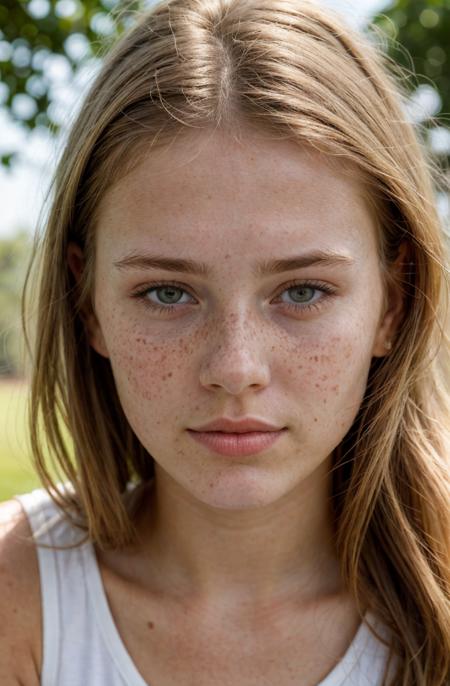 close-up portrait of a cute and beautiful 20 year old woman, sorry look, submissive look, soft light, summer, freckles, goosebumps, hard shadows