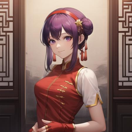 (masterpiece, best quality:1.2),illustration,8k,hd,1girl,solo,upper body,(portrait:1.2),fingerless gloves,short hair,purple hair,purple eyes,smile,hairband,breasts,dress,medium breasts,star hair ornament,chinese clothes,short sleeves,hair ornament,china dress,hair bun,red gloves,red hairband,blue short shorts,boots,<lora:Asamiya Athena-00:0.7>,