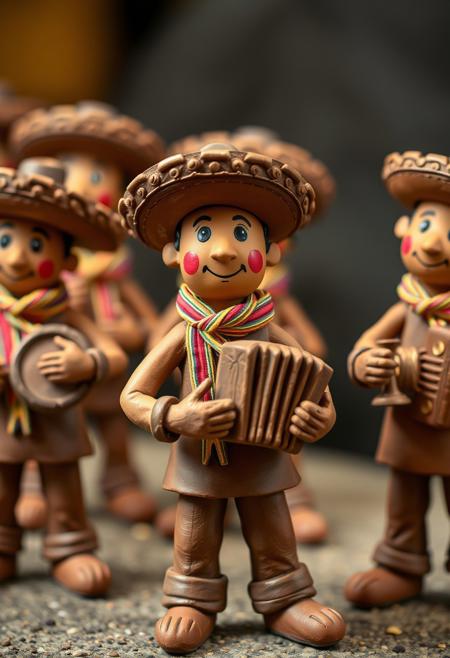 The image shows a group of clay sculptures depicting traditional musicians in lively poses. The figures are dressed in iconic attire, including large hats with intricate details and scarves tied around their necks, typical of Brazilian cultural representation. Each musician holds a musical instrument: one plays a drum, another an accordion, and another cymbals. Their faces are expressive, with simple, hand-crafted features, including painted eyes that bring a playful charm to the sculptures. The earthy clay tones, combined with the detailed craftsmanship, evoke a celebration of regional culture and music. The background is blurred, emphasizing the figures in the foreground.