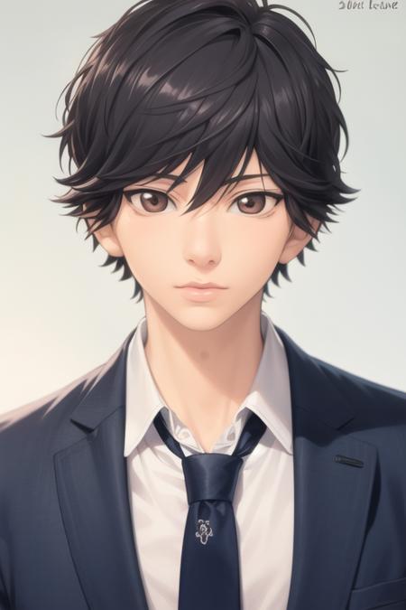 masterpiece, best quality, high quality, 1boy, solo, male focus, looking at viewer, upper body, <lora:mabuchi_kou:0.76>, mabuchi_kou, black hair, brown eyes, , , jacket, necktie, realistic