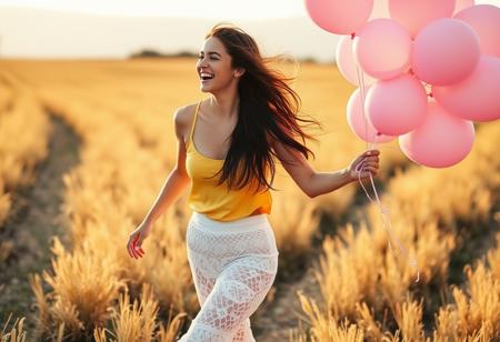 A joyful beautiful woman in a yellow sleeveless top and white crochet lace pants runs, long brown hair through, a sunlit California field, her long brown hair, holding a large bunch of pink balloons in her right hand, capturing a playful golden hour glow.