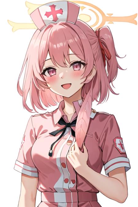 best quality, masterpiece, highres, solo, {serina_bluearchive:1.15}, pink_hair, halo, pink_eyes, hat, blush, smile, ribbon, open_mouth, nurse_cap, bangs, hair_bun, 1girl, looking_at_viewer, nurse, short_hair, simple_background, white_background, portrait