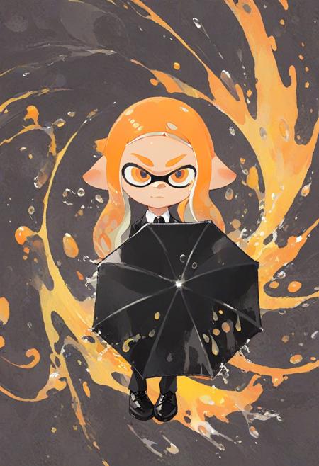 inkling spy wearing suit and tie holding black fabric shield, orange water spray, swirl backdrop