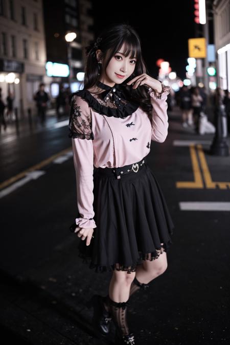 realistic, photorealistic, masterpiece, best quality, 1girl, solo, standing in street, night, looking at viewer, smile, jiraikei shirt, jiraikei skirt, black frilled socks, <lora:Cute Asian Face:0.5> , <lora:jiraikei_v1:0.7>