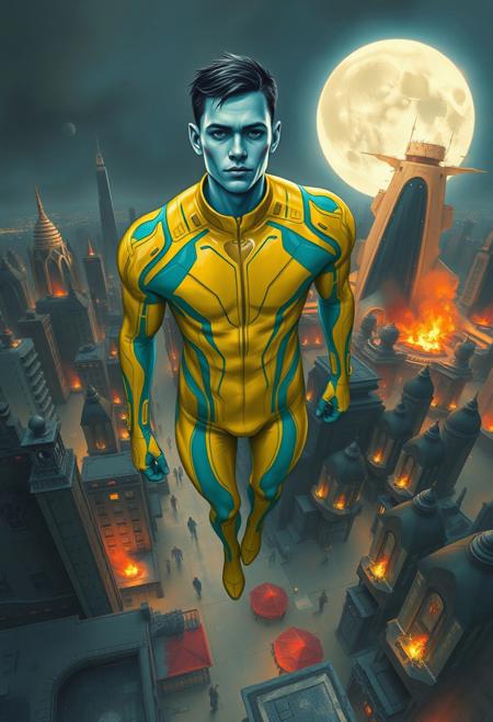 1boy, blue skinned, aged 30 (full body, facing camera, from below). Futuristic fashion, a golden yellow and teal  high tech bodysuit , it is form fitting with an open face design. the man has pale blue skin and is muscular and has an athletic  form , the hero is flying above a futuristic alien city that is very idyllic and made of numerous organic shaped buildings , Charcoal and colourful oil pastels. impressionistic bidimensional, standing on a rooftop looking down at a city under siege, fires, gunfights, people running. Parts of the city are on fire night time. Fires illuminate dark parts of the city. A building explodes in the background. Broken moon in the night sky.
faded watercolours Klimt  dadaistic collage by Bill Sienkiewicz, strikingly alluring face. brilliant spotlight effect. Vibrant thick dripping paint. Intense detail, realistic, dynamic shadows and contrasts. Deep rich colours contrast against the dull muted background.