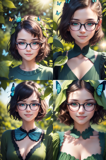 (highres, high lighting, 4k), blue rimmed glasses,  1girl, face, detailed face, blue eye, garden, short hair, she has a butterfly on her head, close up face, sun in mid day, smile, :), looking at viewer, close - up intensity, green dress, eyes half closed,