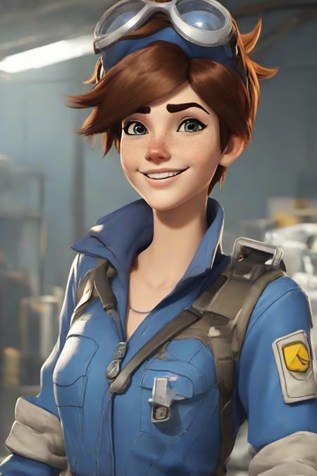 PETracerOW,<lora:PE_TracerOverWatch:0.8>,
portrait of tracer,smile,freckles,
wearing mechanic outfit,blue boiler suit