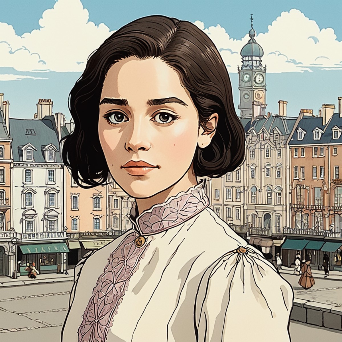 Studio ghibli style illustration of the face of a woman looking at the viewer with a victorian city square in the backgrou...