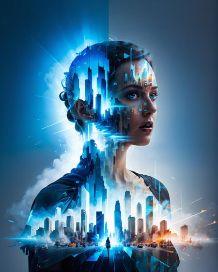 cinematic , grey mysterious holographic utopian cityscape double exposure on fearful woman silhouette,(glowing blue energy nimbus:1.4) ,futuristic metallic fabric, dissolving into pixels, fading into dust, maximalism, (cinema movie poster:1.2),(unease:1.1),  artificial intelligence <lora:xl_more_art-full_v1:0.5> <lora:add-detail-xl:0.9>  <lora:Double_Exposure:0.9>