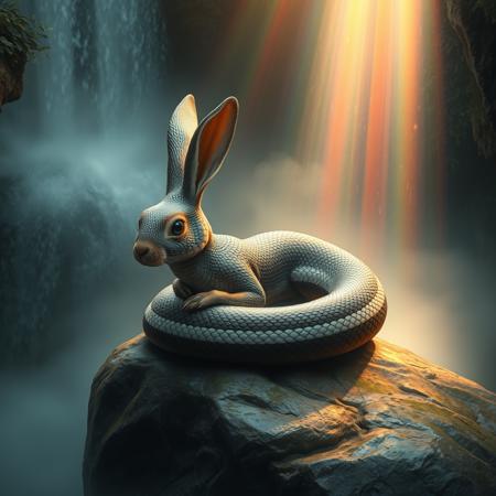 hyperrealistic art a snake-hare hybrid with long ears and scales, coiled up on a rock at the edge of a mystical waterfall, the mist and rainbows in the air creating a magical, glowing ambiance. extremely high-resolution details, photographic, realism pushed to extreme, fine texture, incredibly lifelike