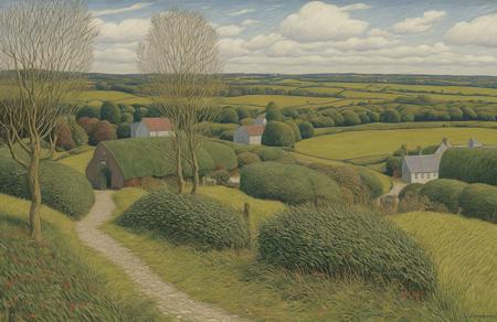 style of Henry Moret, arboretum ,hedgerow,clump ,farm , Plateau ,