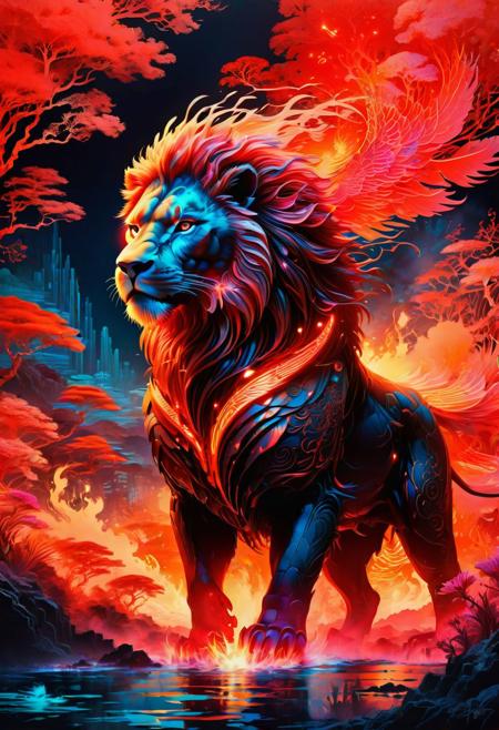 1lion,Detailed complex chaotic seascape red burning light mysterious silhouette of phoenix,fung-hwang,UV-reactive, red light art concept by Waterhouse, Carne Griffiths, Minjae Lee, Ana Paula Hoppe, Stylized florescent art, Intricate, Complex contrast, HDR,OverallDetail, mineral color painting