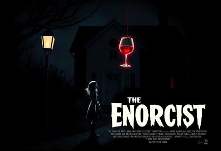 Design a parody movie poster titled The Enorcist, a humorous twist on The Exorcist. Imagine the iconic dark, eerie vibe of the original poster, but with a comical twist: instead of a demonic possession, the story is about a young girl cursed to drink wine for eternity. The poster should have an unsettling, atmospheric look, with dim lighting and shadows, similar to the original 1973 poster.
In the scene, show a girl standing under a dim street lamp outside a spooky house, holding a bottle of wine. The wine spirit possesses her, maybe symbolized by a faint aura or a sinister, red-glowing glass hovering near her. Add subtle wine-themed details (like a corkscrew or wine bottle shadow) to keep it humorous yet creepy. The title, The Enorcist, should mimic the original typography for an authentic touch.