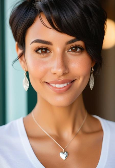 A close-up, realistic portrait a 35-year-old woman with a casual yet confident pose, standing and gazing directly at the camera. She has a heart-shaped face with soft freckles across her cheeks and nose, a beauty mark under her right eye, and a smooth, tanned complexion with a natural blush. Her short, wavy black hair is styled in a pixie cut with unruly, side-parted bangs, framing her large, expressive brown almond-shaped eyes. Her look is enhanced by medium, arched eyebrows and long dark lashes, paired with a small nose and full, natural lips forming a subtle smile. She wears silver leaf-shaped dangling earrings and a simple necklace with a delicate pendant, adding elegance to her white t-shirt. The warm indoor setting, featuring large windows, creates a cozy, inviting atmosphere with soft lighting that highlights her features in sharp focus, capturing both her natural beauty and charm in exquisite detail.