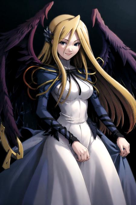 1girl, smile, angel_wings, black_hair,  <lora:KnightsInTheNightmare-18:0.75> kitn, <lora:RtPL-MaliceV1:0.8> malice_(riviera), black_wings, blonde_hair, long_hair, blue_cape, white_dress, night, moon, beautiful, (masterpiece:1.2), (best quality:1.2), perfect eyes, perfect face,<lora:perfectfingers:1.0>