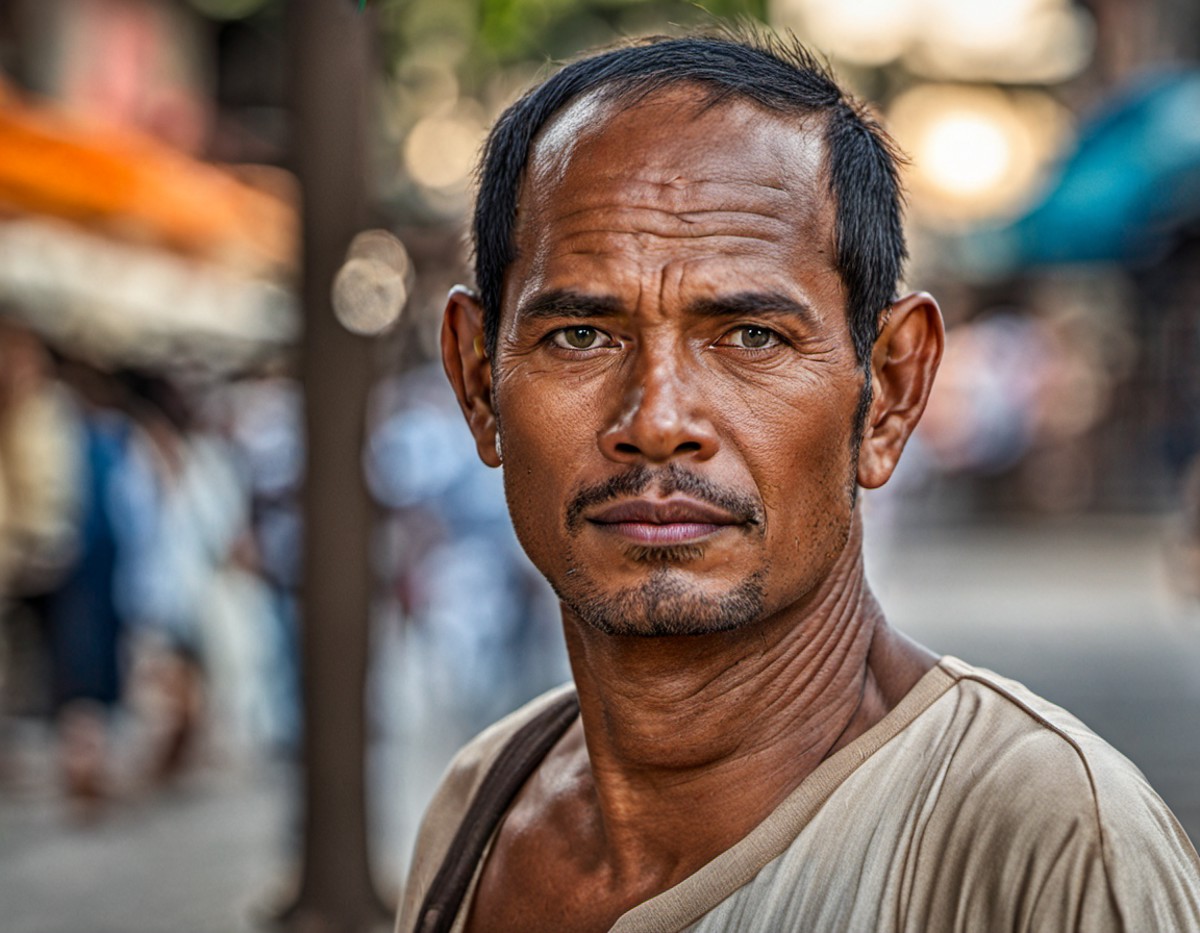photograph of  man from cambodia   46  year old  walking on city street, looking at viewer, close up , skin, 8k, highly de...