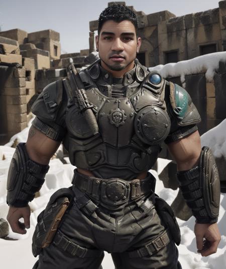 dominic_santiago, 1man, male focus, armor, epic armor, muscular, (ruins, snow:1.1), (mexican descent, latino, tanned) <lora:Dom_Santiago:0.85>