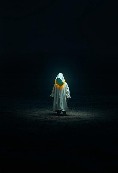 A creative light art piece featuring a mysterious figure in a dark, overpopulated wasteland. Soft pastel colors create an adorable and charming atmosphere. Dramatic lighting and intense detail are present, highlighting artistic lighting and abstract patterns. The barren landscape evokes a gentle and soothing, apocalyptic atmosphere.