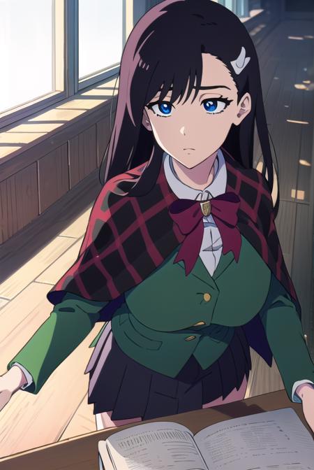 noelniihashi, <lyco:noelniihashianime-LYCORIStest:1>,
noel niihashi long hair, blue eyes, black hair, hair ornament, hairclip, (large breast:1.2),
BREAK skirt, shirt, long sleeves, bow, school uniform, jacket, white shirt, pleated skirt, collared shirt, bowtie, red bow, plaid, capelet, blazer, green skirt, green jacket,
BREAK looking at viewer,
BREAK indoors, classroom,
BREAK <lora:GoodHands-vanilla:1>, (masterpiece:1.2), best quality, high resolution, unity 8k wallpaper, (illustration:0.8), (beautiful detailed eyes:1.6), extremely detailed face, perfect lighting, extremely detailed CG, (perfect hands, perfect anatomy),