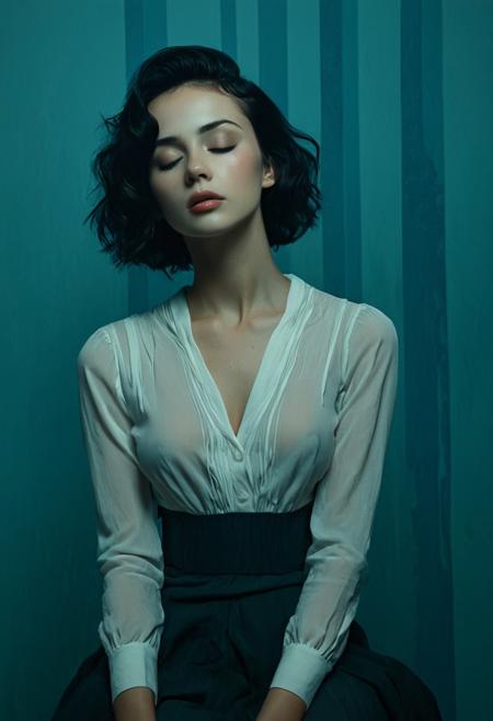This image is a digital artwork in a surreal, impressionistic style with a deep, atmospheric color palette dominated by shades of teal, green, and blue. The subject is a woman with a light skin tone and short, dark hair styled in loose waves. She has a delicate, oval face with high cheekbones, and she wears a subtle, serene expression with closed eyes. Her lips are slightly parted, and her facial features are softly illuminated, giving her a dreamy, almost ethereal quality.
She is dressed in a white, long-sleeved blouse with a low neckline that accentuates her collarbones, paired with a dark, high-waisted skirt that cinches at the waist, creating a silhouette that suggests a historical or vintage-inspired outfit. The blouse appears slightly damp, possibly from mist or rain, with a subtle sheen that adds texture to the image.
The background is a blurred, abstract composition of teal and blue tones, with vertical and horizontal lines that create an impression of a misty, surreal environment. The woman sits in a seated position, her hands resting on her lap, and her posture is slightly slumped, exuding a sense of melancholy or contemplation.
